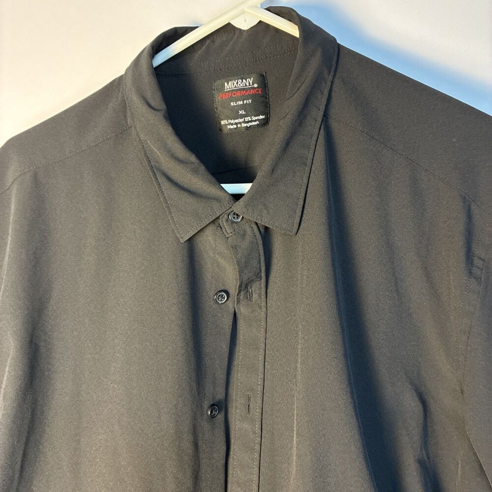 Mix&Ny Performance Dress Shirt Mens XL Black Solid Slim Fit Stretch Button Front